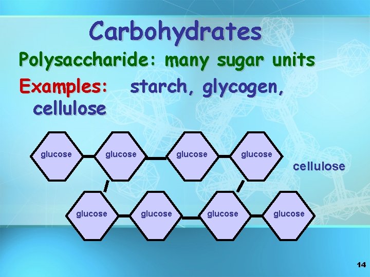 Carbohydrates Polysaccharide: many sugar units Examples: starch, glycogen, cellulose glucose glucose 14 