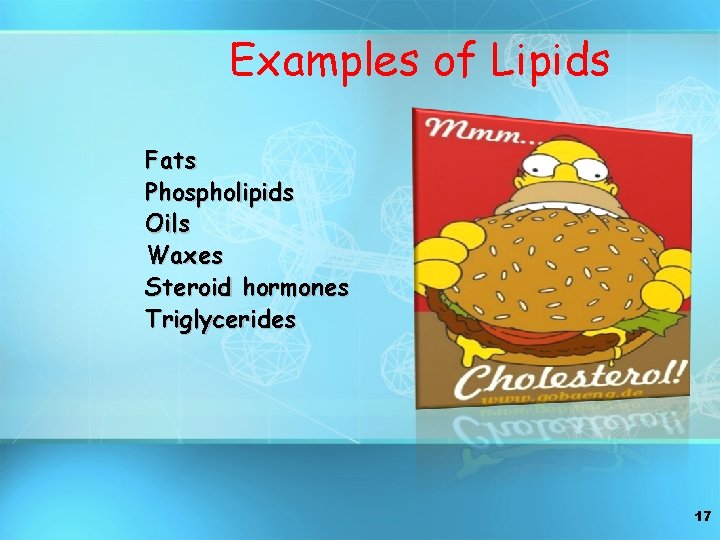 Examples of Lipids Fats Phospholipids Oils Waxes Steroid hormones Triglycerides 17 