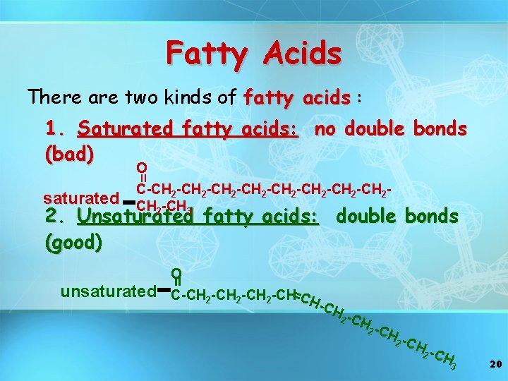 Fatty Acids There are two kinds of fatty acids : 1. Saturated fatty acids: