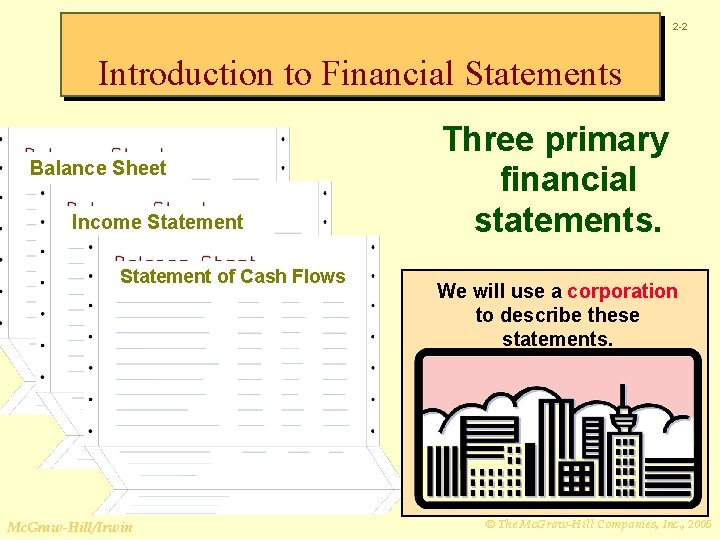2 -2 Introduction to Financial Statements Balance Sheet Income Statement of Cash Flows Mc.