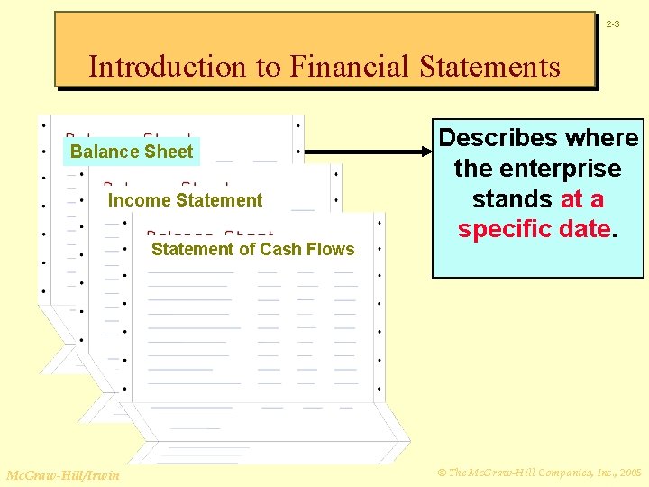 2 -3 Introduction to Financial Statements Balance Sheet Income Statement of Cash Flows Mc.