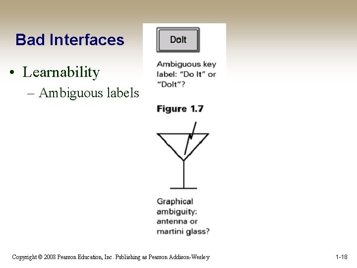 Bad Interfaces • Learnability – Ambiguous labels Copyright © 2008 Pearson Education, Inc. Publishing
