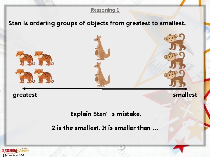 Reasoning 1 Stan is ordering groups of objects from greatest to smallest. greatest smallest