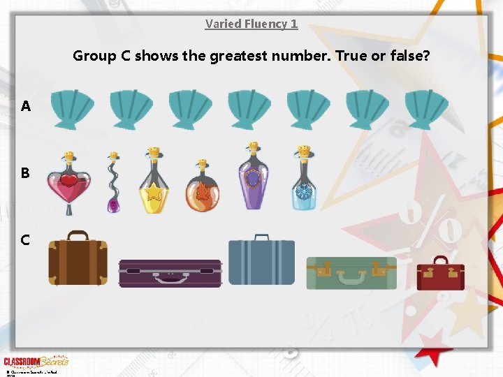 Varied Fluency 1 Group C shows the greatest number. True or false? A B