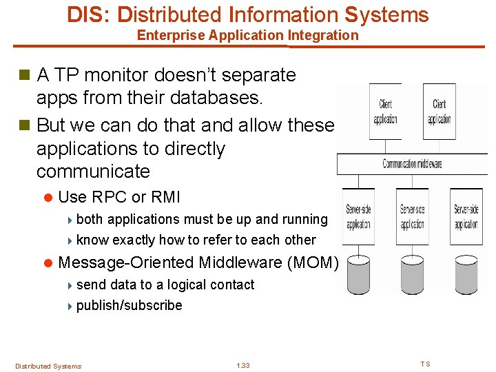 DIS: Distributed Information Systems Enterprise Application Integration n A TP monitor doesn’t separate apps DIS: Distributed Information Systems Enterprise Application Integration n A TP monitor doesn’t separate apps
