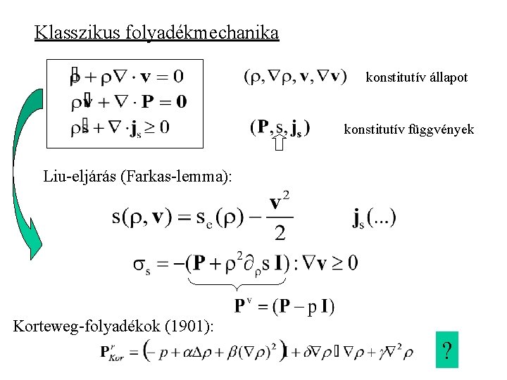 Klasszikus folyadékmechanika konstitutív állapot konstitutív függvények Liu-eljárás (Farkas-lemma): Korteweg-folyadékok (1901): ? 