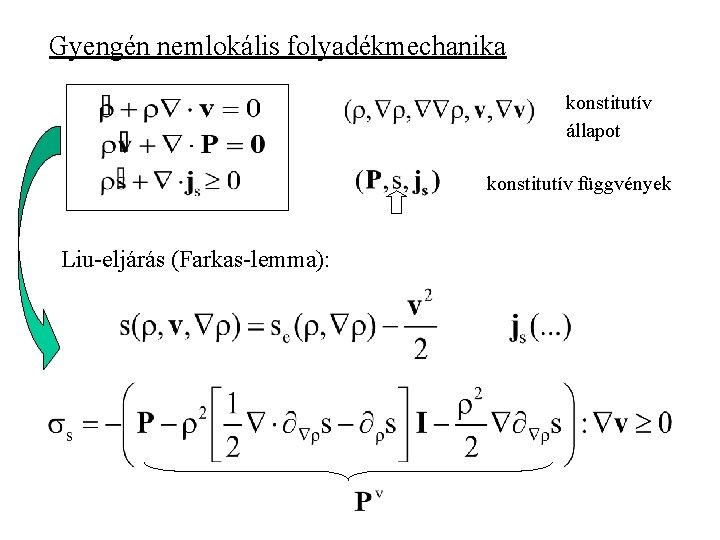 Gyengén nemlokális folyadékmechanika konstitutív állapot konstitutív függvények Liu-eljárás (Farkas-lemma): 