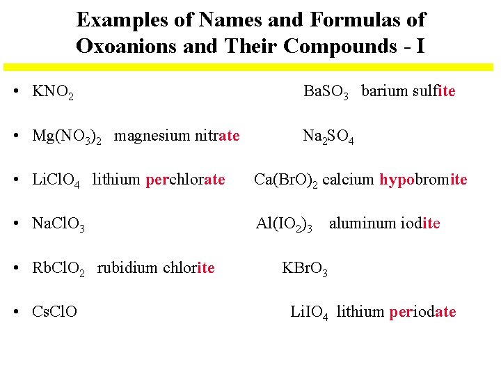 Examples of Names and Formulas of Oxoanions and Their Compounds - I • KNO Examples of Names and Formulas of Oxoanions and Their Compounds - I • KNO