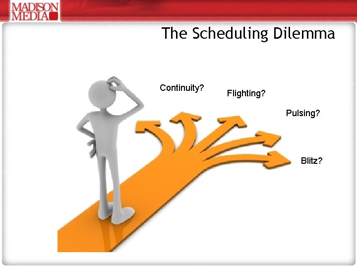 The Scheduling Dilemma Continuity? Flighting? Pulsing? Blitz? 