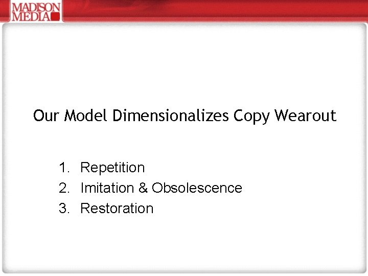 Our Model Dimensionalizes Copy Wearout 1. Repetition 2. Imitation & Obsolescence 3. Restoration 