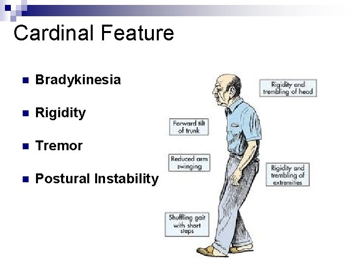 Cardinal Feature n Bradykinesia n Rigidity n Tremor n Postural Instability 
