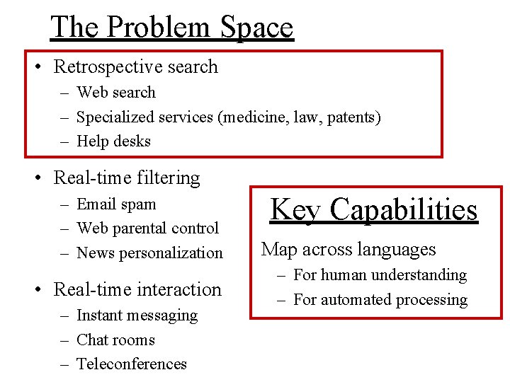 The Problem Space • Retrospective search – Web search – Specialized services (medicine, law,