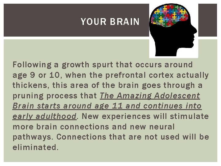 YOUR BRAIN Following a growth spurt that occurs around age 9 or 10, when