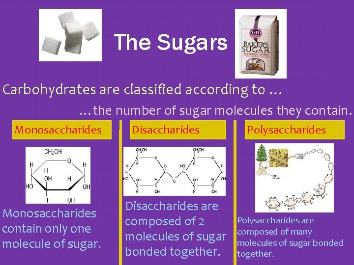 The Sugars Carbohydrates are classified according to … …the number of sugar molecules they
