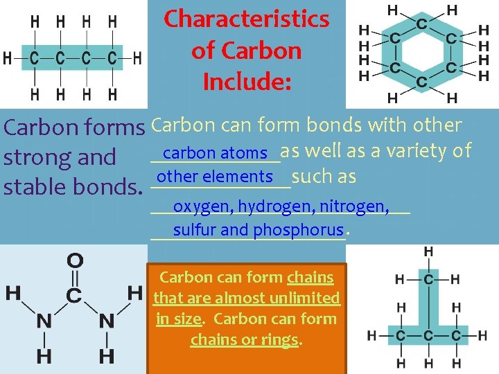 Characteristics of Carbon Include: Carbon forms Carbon can form bonds with other well as
