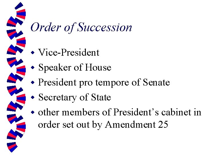 Order of Succession Vice-President w Speaker of House w President pro tempore of Senate