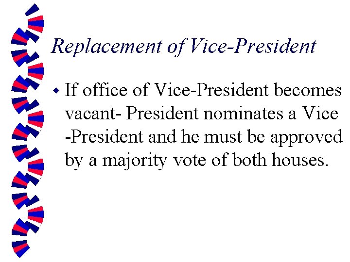 Replacement of Vice-President w If office of Vice-President becomes vacant- President nominates a Vice