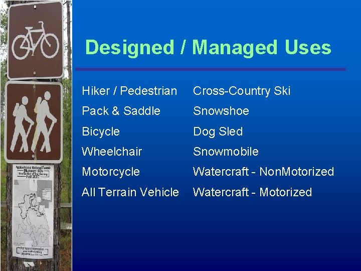 Designed / Managed Uses Hiker / Pedestrian Cross-Country Ski Pack & Saddle Snowshoe Bicycle