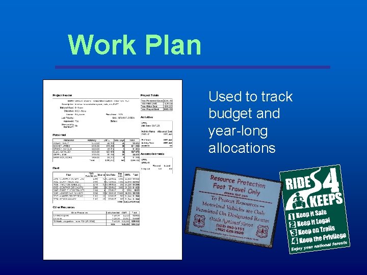 Work Plan Used to track budget and year-long allocations 