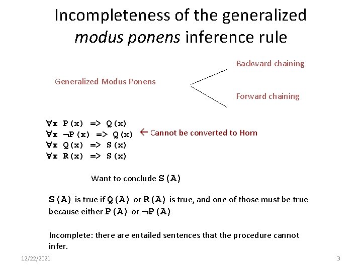 Incompleteness of the generalized modus ponens inference rule Backward chaining Generalized Modus Ponens Forward