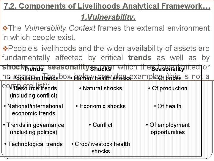 7. 2. Components of Livelihoods Analytical Framework… 1. Vulnerability, v. The Vulnerability Context frames