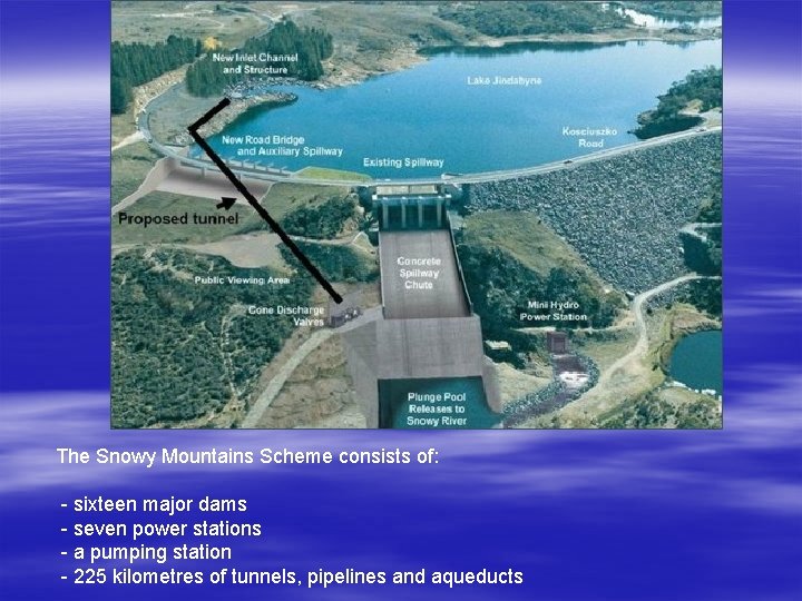 The Snowy Mountains Scheme consists of: - sixteen major dams - seven power stations