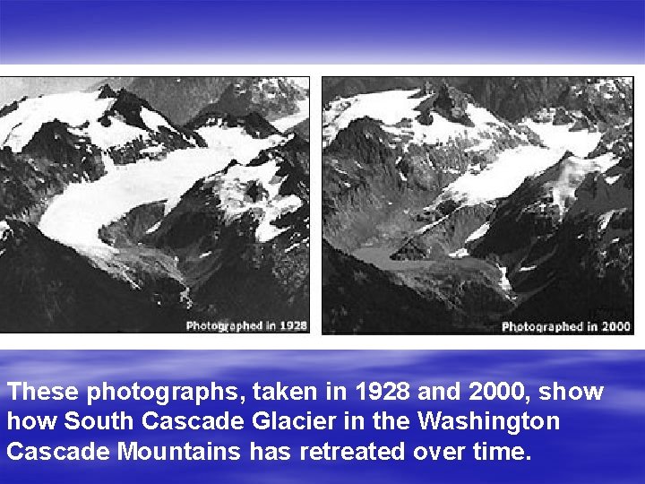 These photographs, taken in 1928 and 2000, show South Cascade Glacier in the Washington
