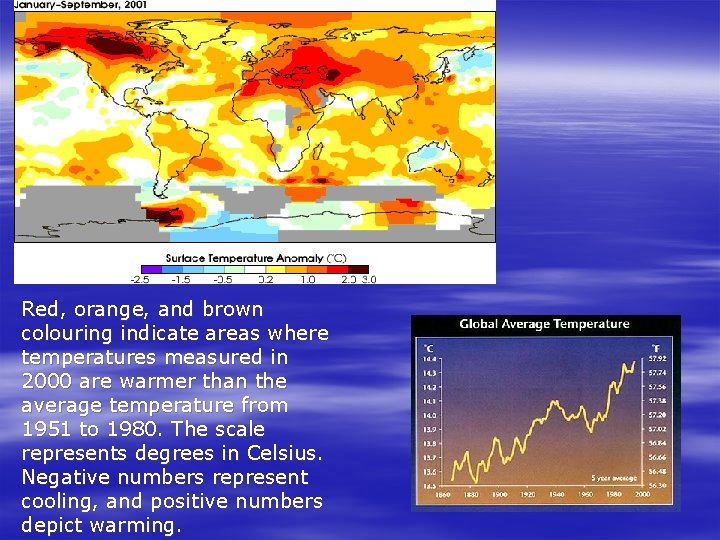 Red, orange, and brown colouring indicate areas where temperatures measured in 2000 are warmer