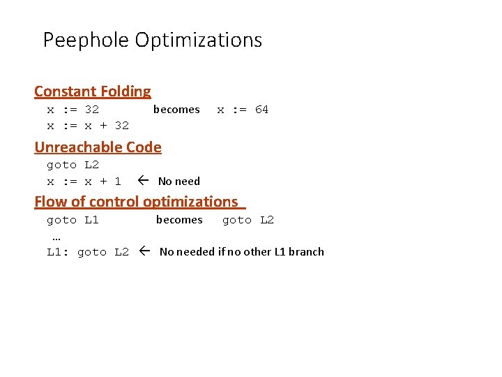 Peephole Optimizations Constant Folding x : = 32 x : = x + 32