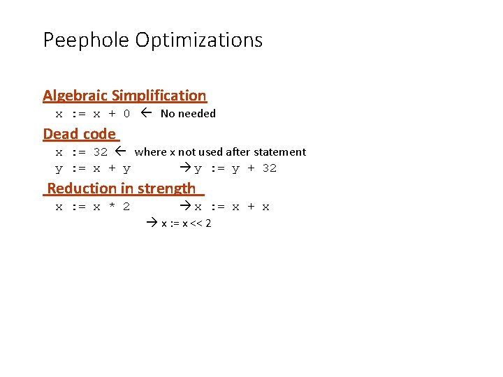 Peephole Optimizations Algebraic Simplification x : = x + 0 No needed Dead code