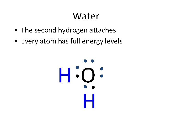 Water • The second hydrogen attaches • Every atom has full energy levels HO