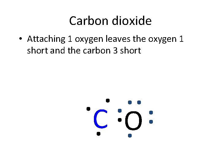 Carbon dioxide • Attaching 1 oxygen leaves the oxygen 1 short and the carbon