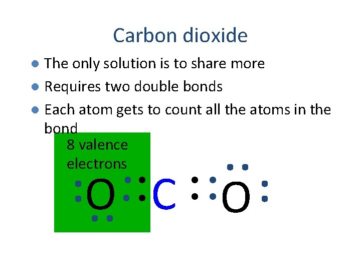 Carbon dioxide The only solution is to share more l Requires two double bonds