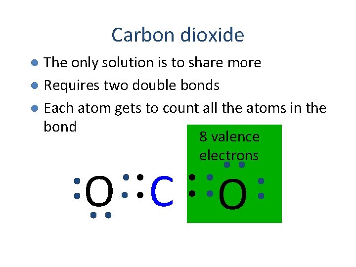 Carbon dioxide The only solution is to share more l Requires two double bonds
