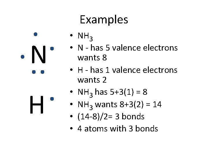 Examples N H • NH 3 • N - has 5 valence electrons wants