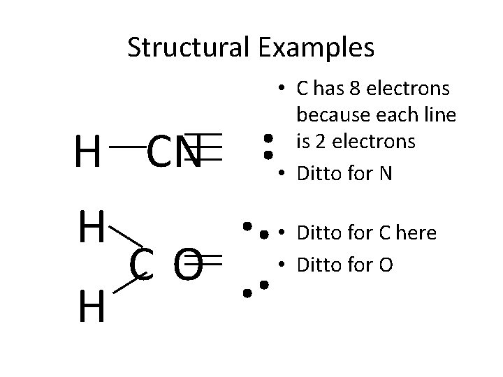 Structural Examples H CN H CO H • C has 8 electrons because each