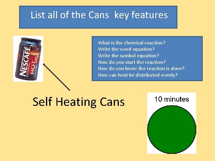List all of the Cans key features What is the chemical reaction? Write the