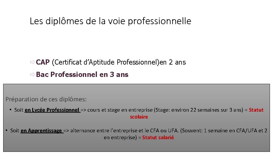 Les diplômes de la voie professionnelle ðCAP (Certificat d’Aptitude Professionnel)en 2 ans ðBac Professionnel