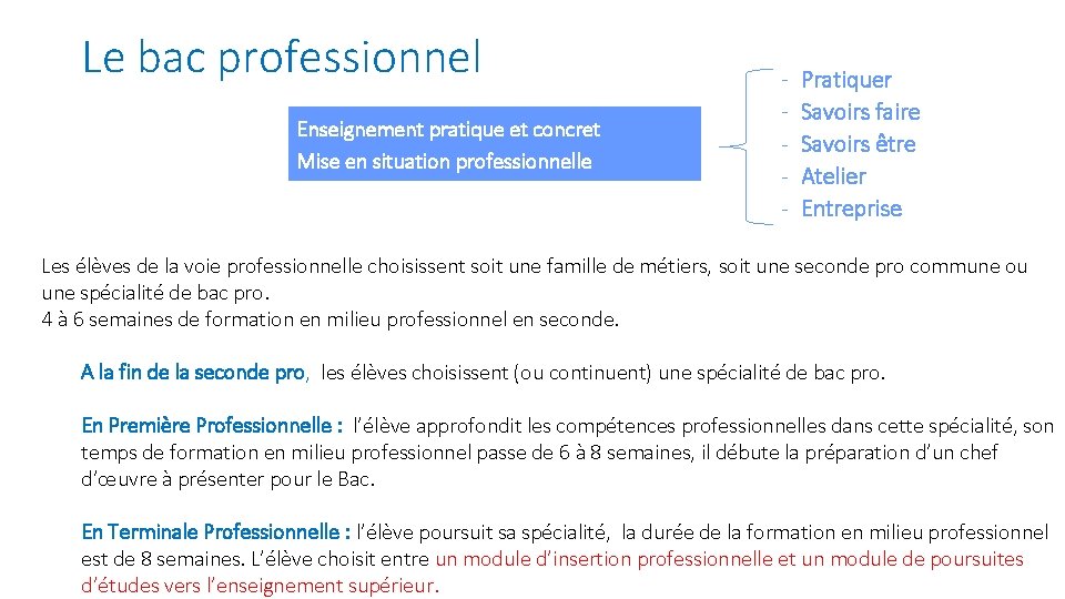 Le bac professionnel Enseignement pratique et concret Mise en situation professionnelle - Pratiquer Savoirs