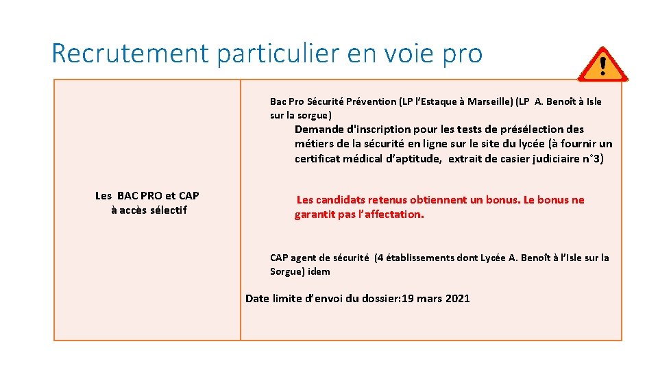 Recrutement particulier en voie pro Bac Pro Sécurité Prévention (LP l’Estaque à Marseille) (LP