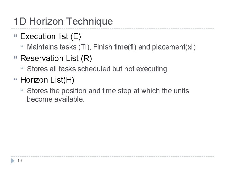 1 D Horizon Technique Execution list (E) Reservation List (R) Maintains tasks (Ti), Finish