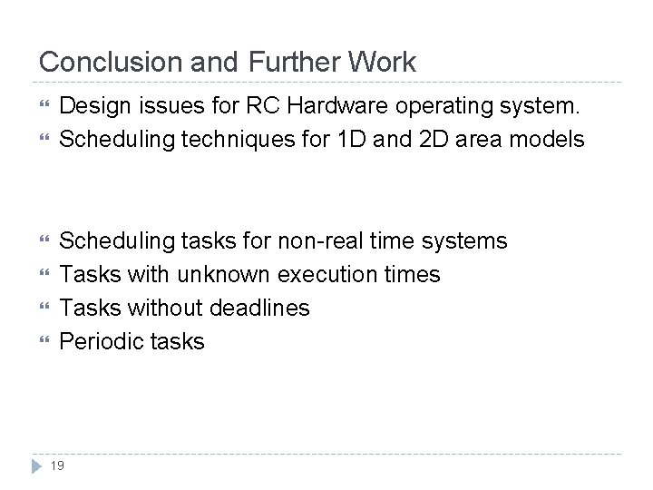 Conclusion and Further Work Design issues for RC Hardware operating system. Scheduling techniques for