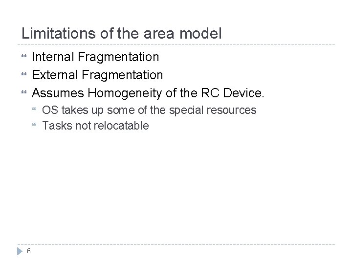 Limitations of the area model Internal Fragmentation External Fragmentation Assumes Homogeneity of the RC