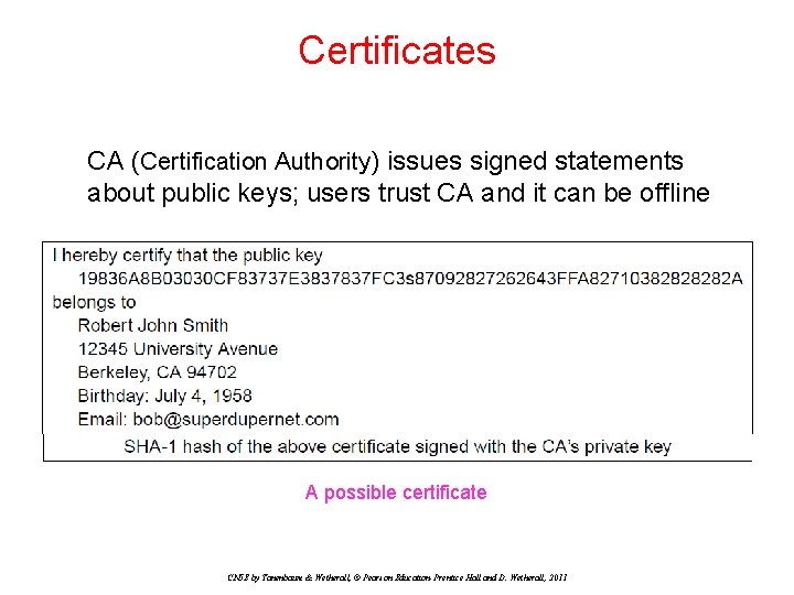 Certificates CA (Certification Authority) issues signed statements about public keys; users trust CA and Certificates CA (Certification Authority) issues signed statements about public keys; users trust CA and