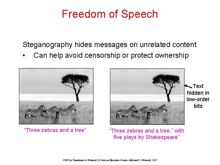 Freedom of Speech Steganography hides messages on unrelated content • Can help avoid censorship Freedom of Speech Steganography hides messages on unrelated content • Can help avoid censorship