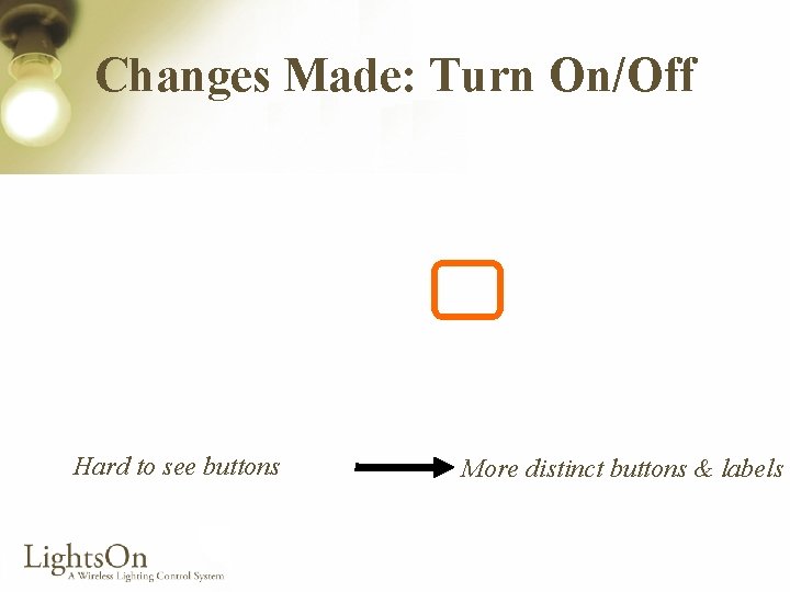 Changes Made: Turn On/Off Hard to see buttons More distinct buttons & labels 