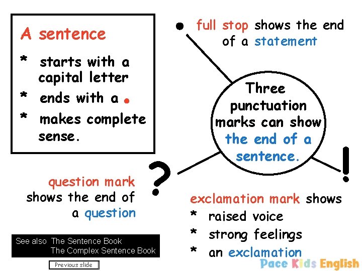 full stop shows the end of a statement A sentence * starts with a