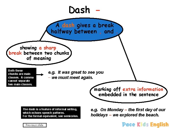 Dash A dash gives a break halfway between , and. showing a sharp break