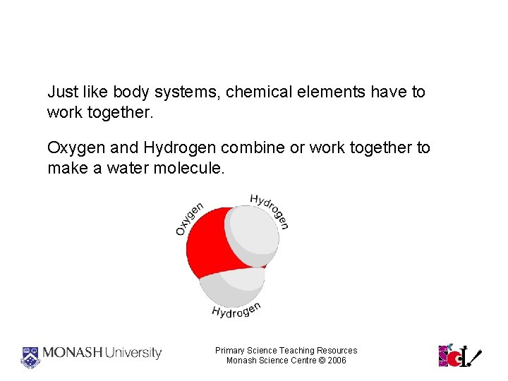 Water Molecule Just like body systems, chemical elements have to work together. Oxygen and