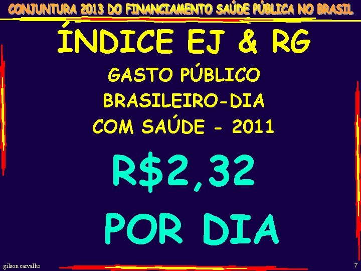 ÍNDICE EJ & RG GASTO PÚBLICO BRASILEIRO-DIA COM SAÚDE - 2011 R$2, 32 POR